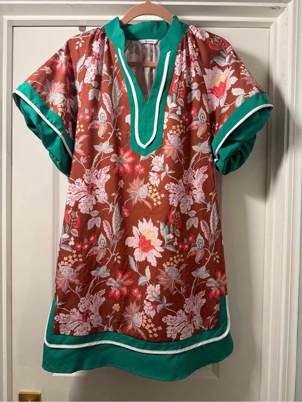 Wenrine size med Floral Split-Neck Tunic Dress  in Rust with Green Trim